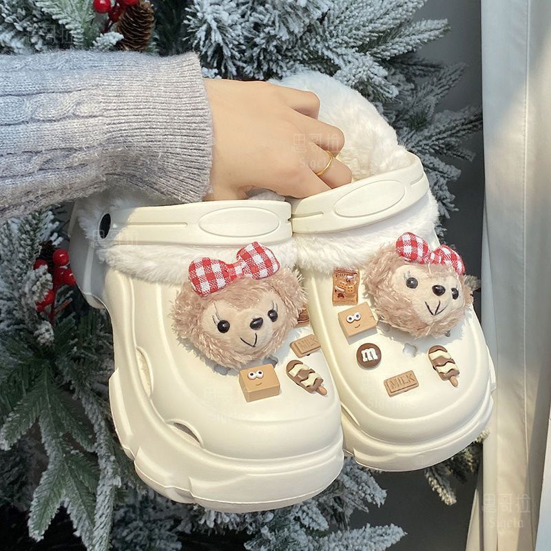 2025新款加绒棉洞洞鞋女冬季外穿保暖增高厚底毛毛棉拖鞋女士冬天