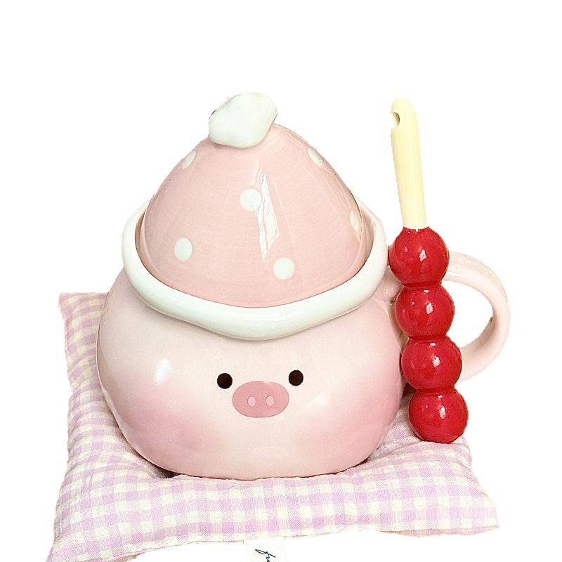 Linda taza de cerdo, taza de regalo de mano, taza de agua para niñas, taza de cerámica de oficina con tapa, regalo de cumpleaños para el hogar