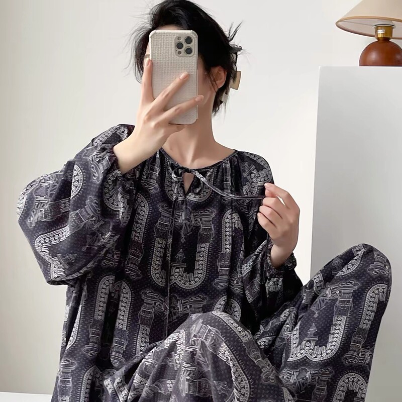 Beautiful cotton silk pajamas for women, spring and autumn long-sleeved, summer thin cotton silk home wear for mothers, artificial cotton set, plus size