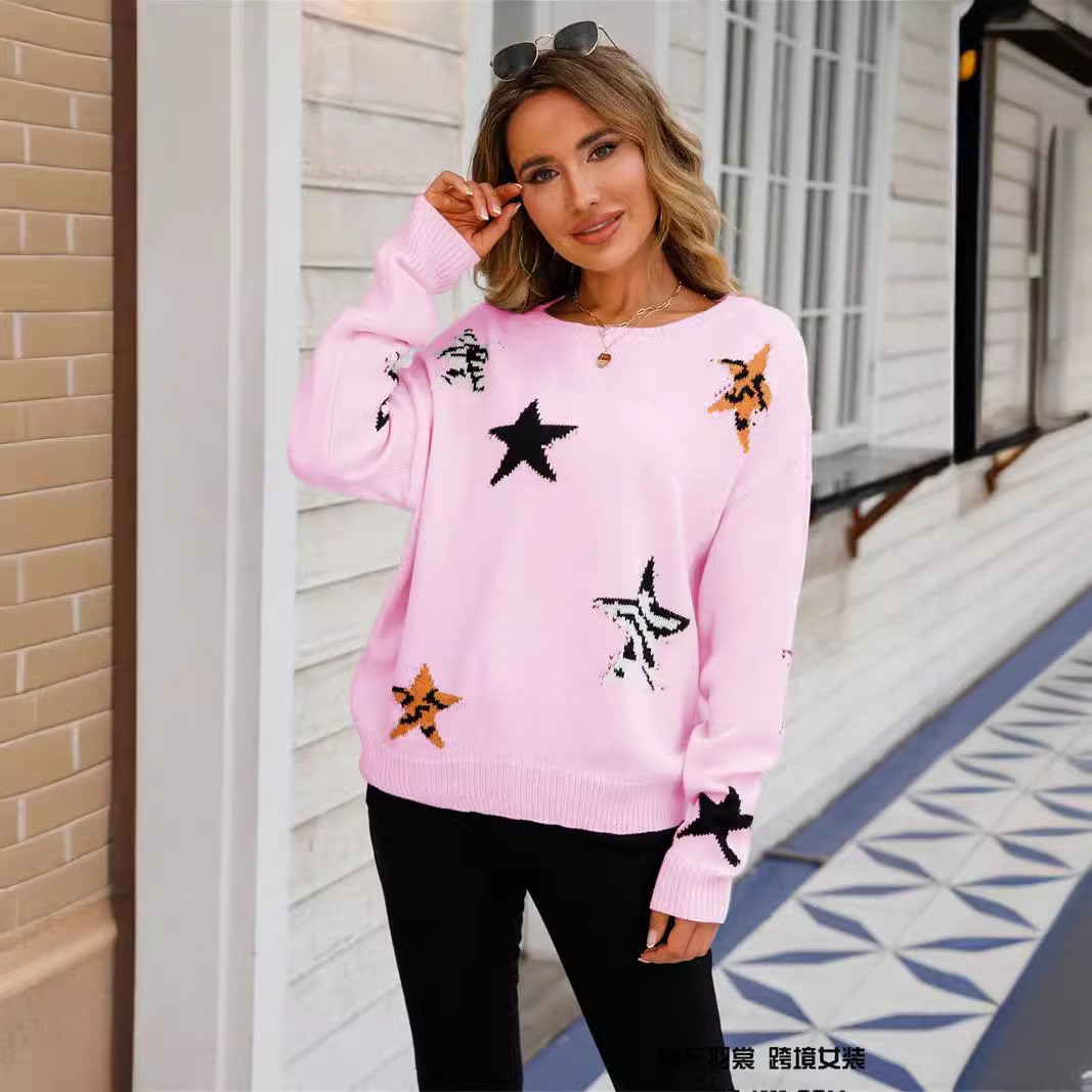 Suéter de Manga Larga con Cuello Redondo y Estampado de Estrellas para Mujer - Jersey de Moda Amazon 2022