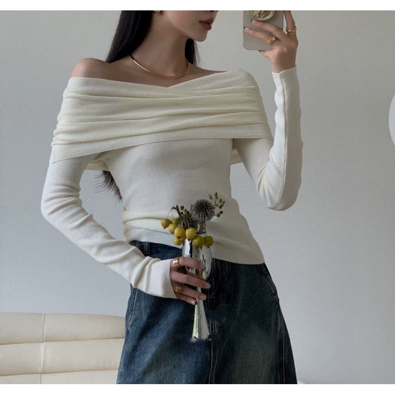 Женский трикотаж с открытым плечом и открытым ключицей, весна-осень 2025, тонкая облегающая рубашка с внутренним слоем, дизайн топа с открытыми плечами