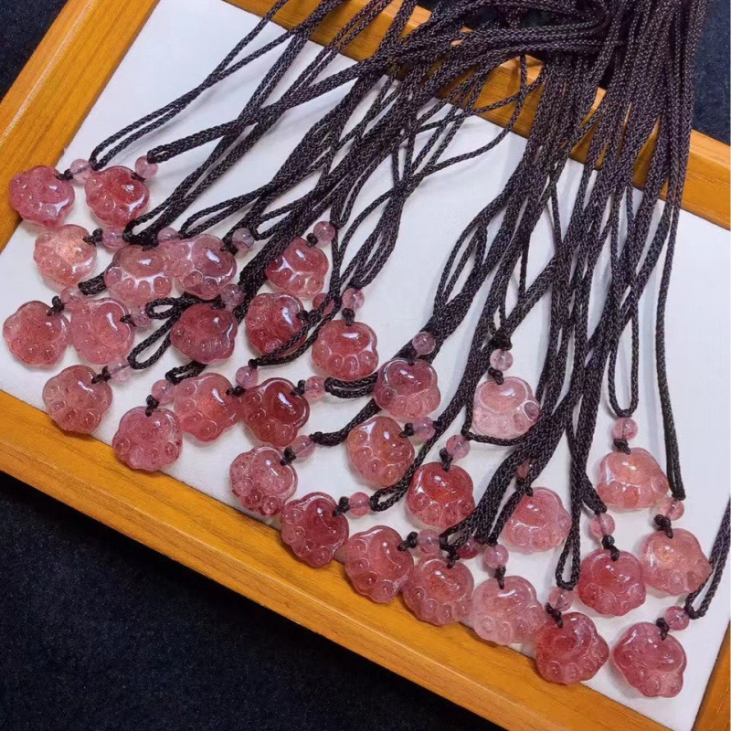 天然草莓晶猫爪项链锁骨链长款吊坠项链手工编织绳姐妹闺蜜项链