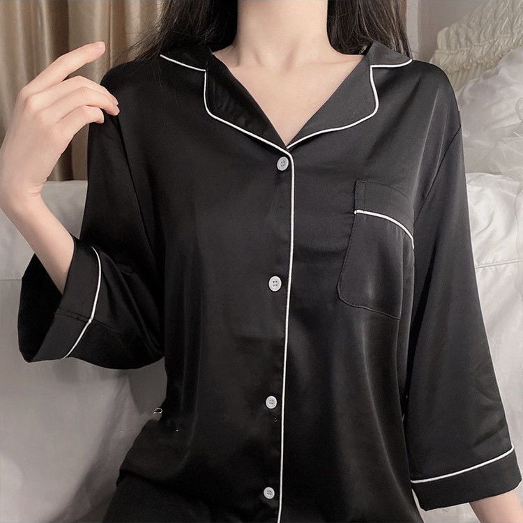 Pijamas de verano para mujeres en el hogar simple puro deseo sexy textura negra alta imitación pijamas de seda al por mayor