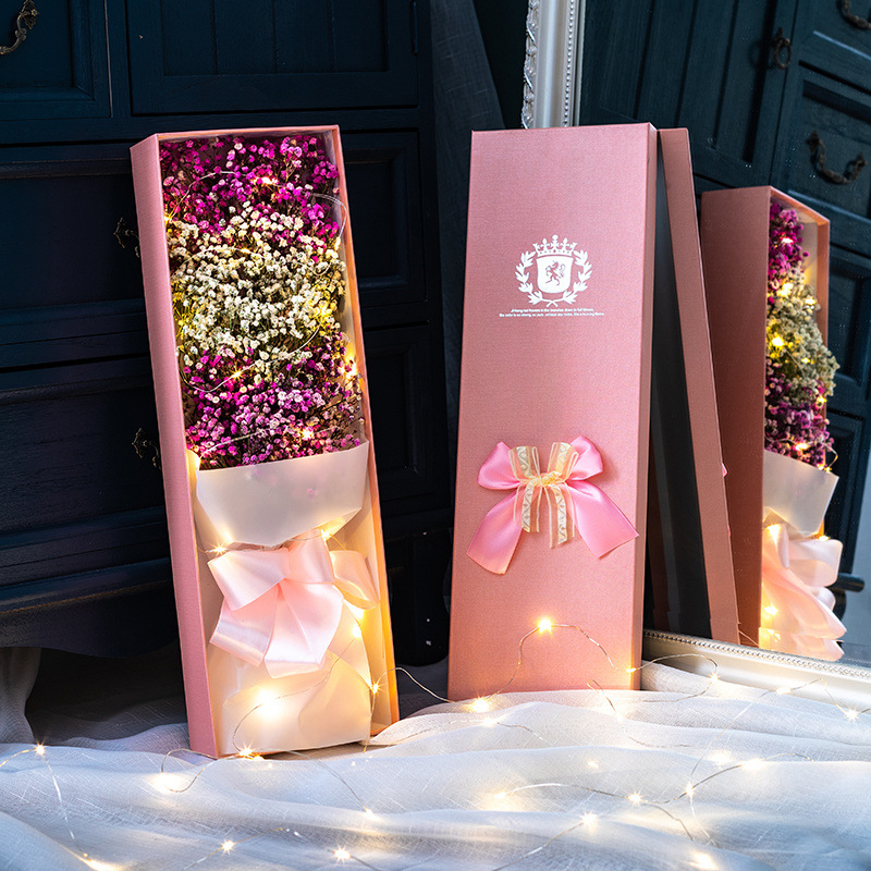 핑크, 화이트, 핑크 아기호흡 48cm 선물상자 - 꽃다발 + 선물상자 + LED 조명