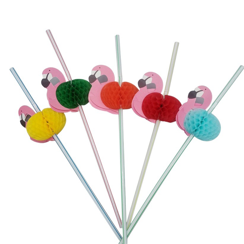 Fábrica en stock al por mayor creativo tridimensional panal flamenco paja decoración desechable paja de plástico tira de color fluorescente