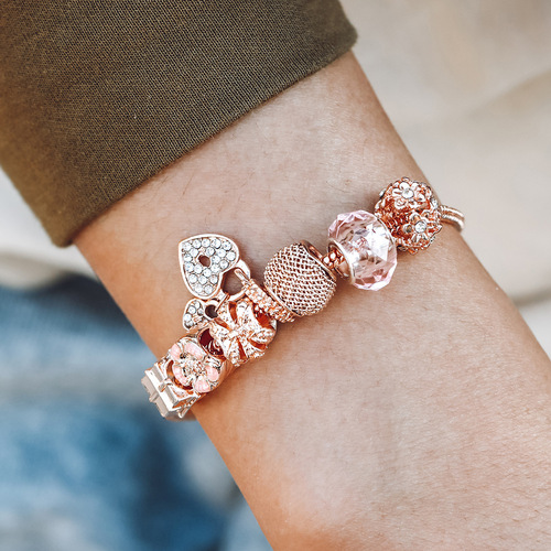 Cross-border luxury DIY crown glass bracelet, Pan family heart lock pendant gift box drilled heart-shaped gift, chain bracelet accessories