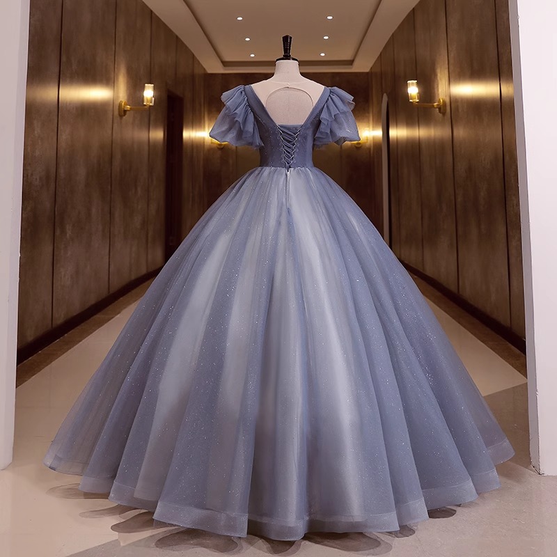 Nuevo azul vestido de noche puff manga estudiante música vocal arte examen rendimiento traje vocal solo pettiskirt Reunión Anual etapa