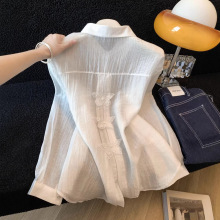 设计感后背蝴蝶拼接蓝色长袖防晒衬衫女夏季薄款宽松衬衣外套上衣