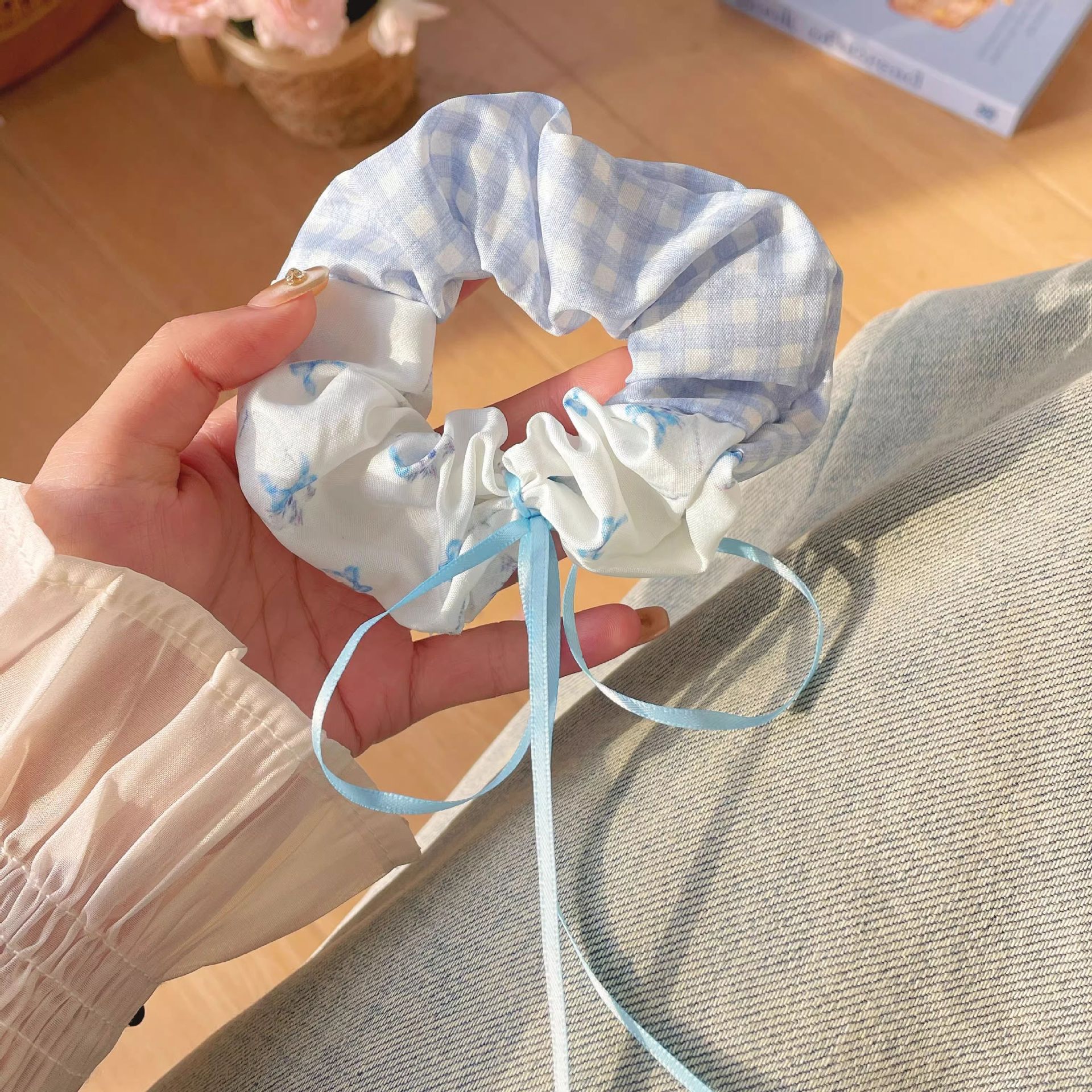 Accesorio para el cabello de estilo francés para mujer, pañuelo cuadrado simple, coletero de gran tamaño con ribete de encaje.