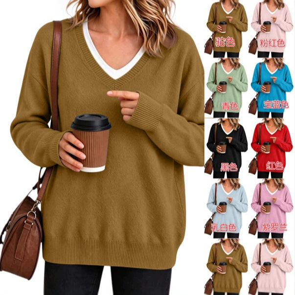 European and American Cross-Border Amazon Solid Color Loose Casual Comfortable Women's Knit Color-Block Two-Tone V-Neck Pullover Cashmere Sweater