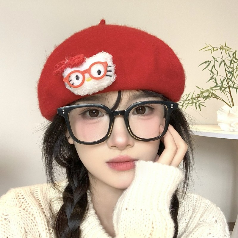 可爱卡通kitty猫红色贝雷帽女夏季薄款甜美显脸小八角帽画家帽子|undefined