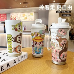 新款拉布布卡通图案咖啡杯316不锈钢保温杯手提双饮吸管水杯批发