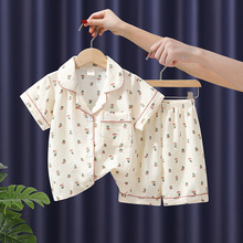 现货厂家批发绉布夏季短袖短裤儿童睡衣品牌卡通家居服翻领泡泡棉