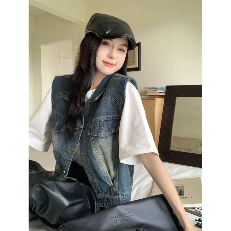 Дизайн чувство лацкана воротник носить без рукавов джинсовая куртка жилет женский весна лето 2024 новая мода ретро свободная коня