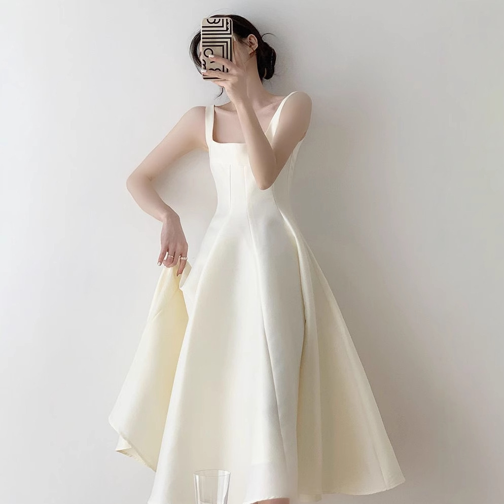 French-Style Light Wedding Dress, Solid Color Satin, Simple Petite Host, Suitable for Adult Ceremonies, Parties, Banquets, and Everyday Wear Evening Gown