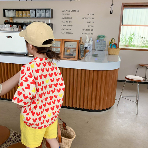 Children's short-sleeved shirts 2023 summer Korean style boys and girls lapel tops baby printed shirts fashionable brother and sister outfits