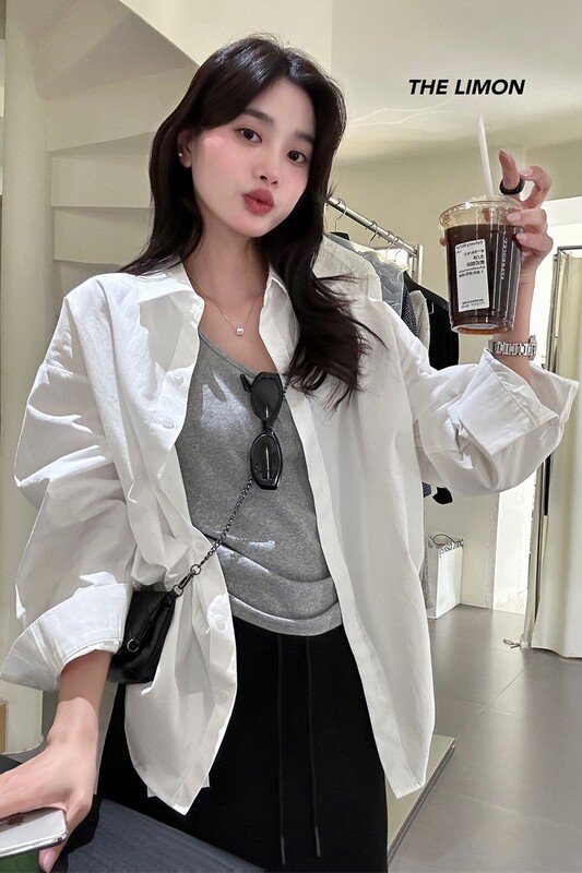thelimon柠檬绿茶秋季韩系显瘦翻领长袖衬衫+百搭背心两件套装女|undefined
