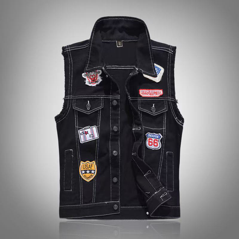 Motorcycle foreign trade Korean style slim fit casual Denim vest trendy cool plus size embroidered label vest black waistcoat top