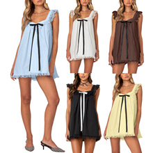 甜美度假裙子高级感夏季女装新款蝴蝶结露背蕾丝边宽松娃娃裙4005