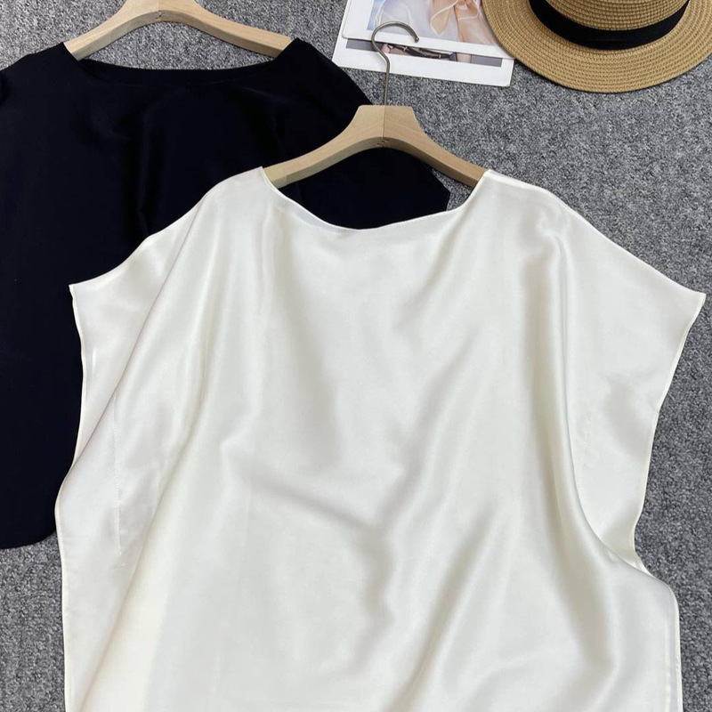 Two-Tone Mulberry Silk Fabric Round-Neck Solid Color Basic Style One-Piece Batwing Sleeve Design Summer T-Shirt Top