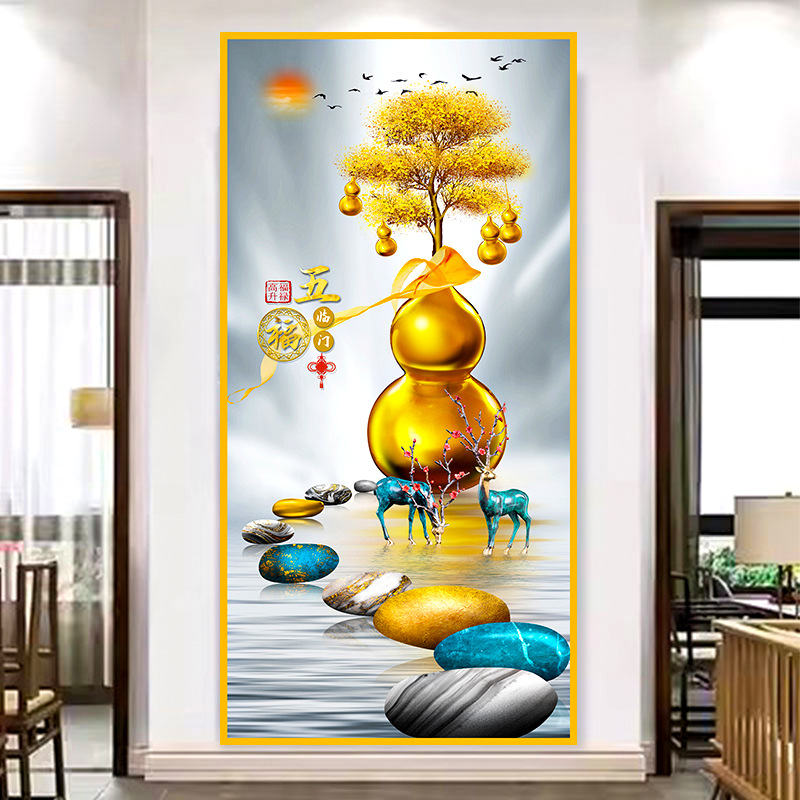 Pintura de entrada de pintura tradicional china Pintura de decoración del pasillo frente a la puerta Pasillo de nueve peces Pintura colgante de fondo de lujo ligero Pintura mural