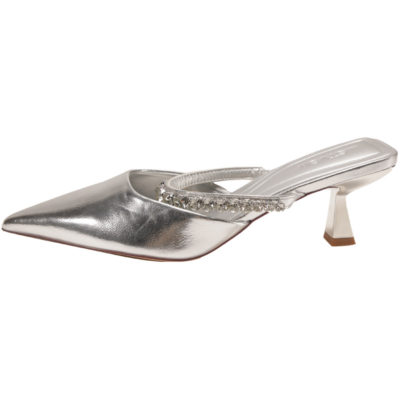 Plus Size Rhinestone Pointed Toe High Heels 2025 New Black Silver Strap Slippers Fairy Style Summer Outdoor Wear_vogvips.com