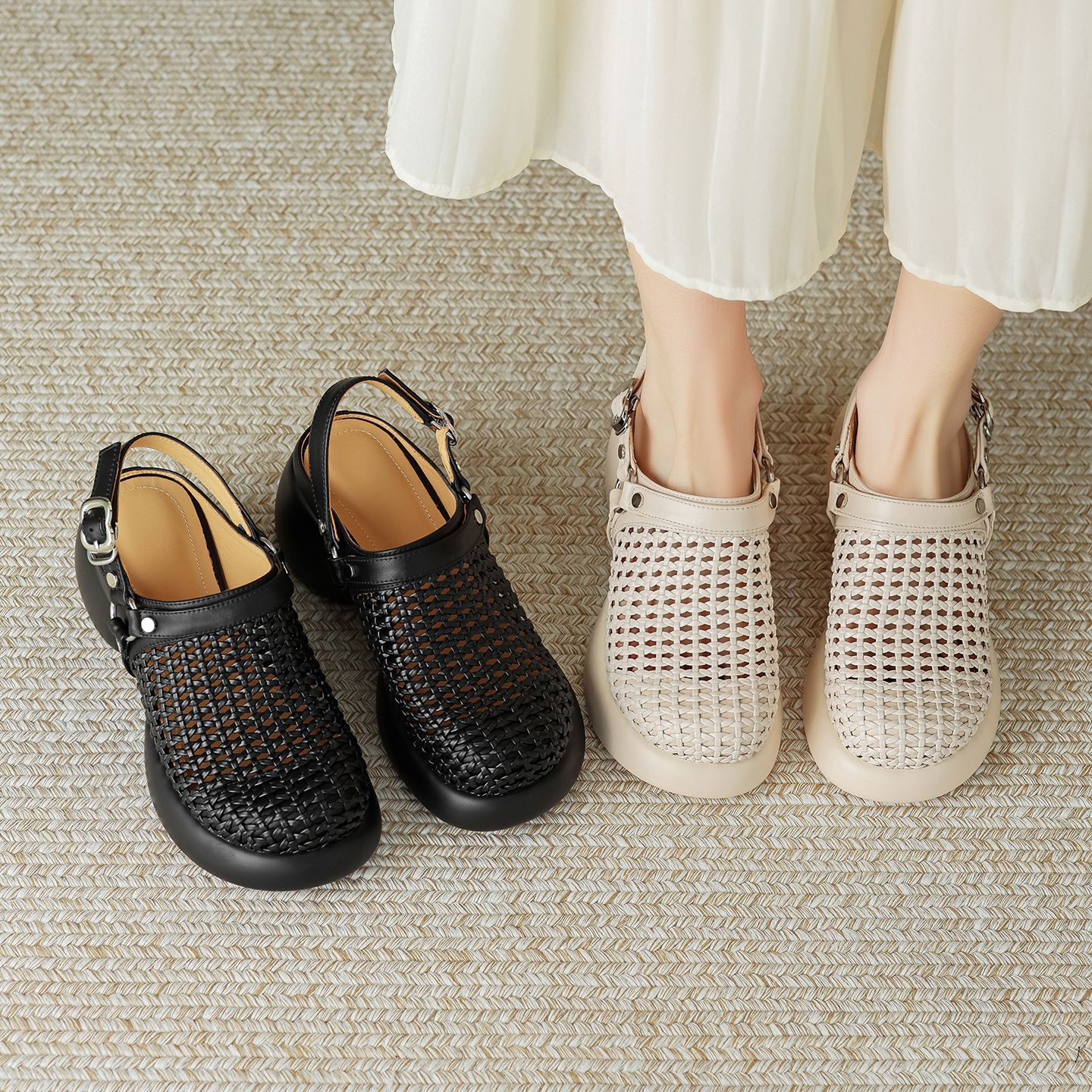 Sandal cao gót nữ mũi hở đế dày gót 6 cm phong cách dệt — đen