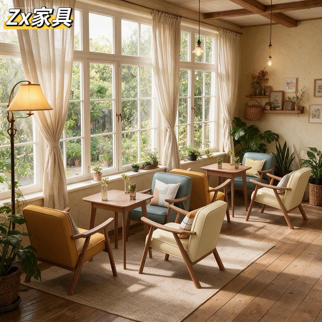 Commercial solid wood sofa chairs for milk tea shops, leisure cafe tables and chairs, dessert rest area, book bar dining tables and chairs