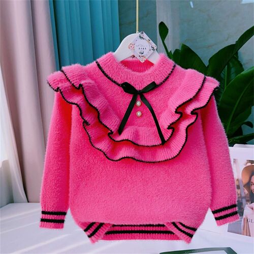 Children's Knitwear 2025 Autumn/Winter New Design with Bow Edge Lining and Thick Warm Hooded Top Bottom Shirt Other