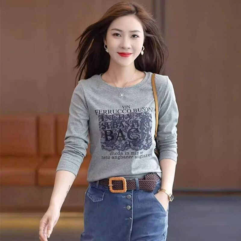 Pure Cotton T-shirt Women's Long-sleeved Spring and Autumn New Fashion Trendy All-match Printed Base Shirt Slim-fit Slim-fit Top Pure Cotton T-shirt Women's Long-sleeved Spring and Autumn New Fashion Trendy All-match Printed Base Shirt Slim-fit Slim-fit Top