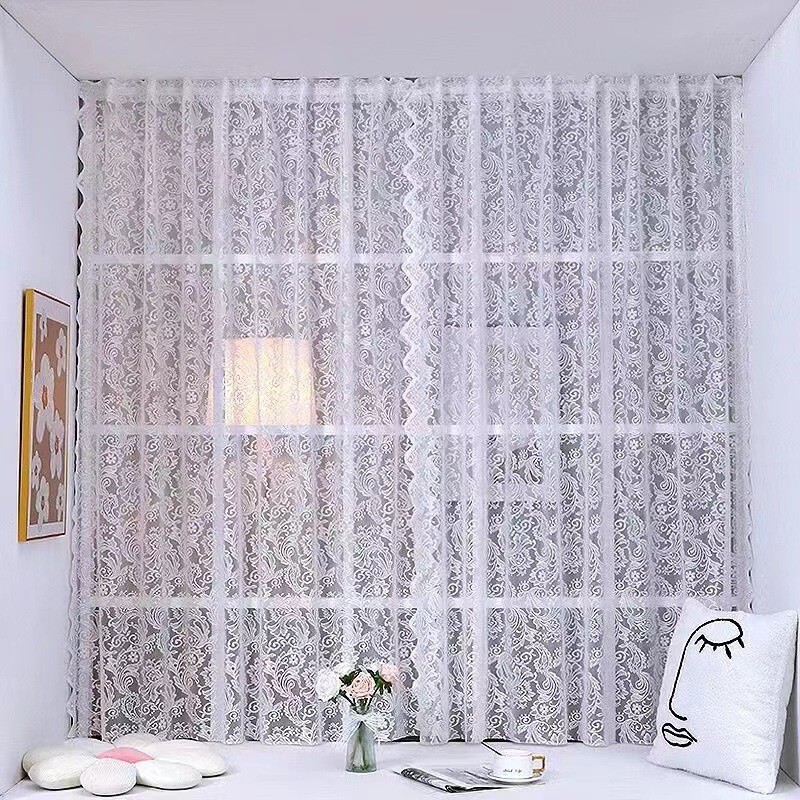Cs Sheer Curtains for Bay Windows, French-Style Vintage Beaded Magic Tape No-Drill Lace Bedroom Curtains and Door Curtains