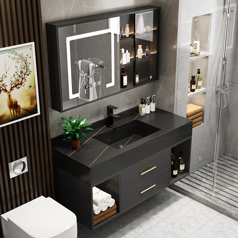 Luz de lujo Placa de roca integrado cuenca gabinete de baño combinación inteligente espejo lateral gabinete de baño lavabo mesa de lavado cuenca