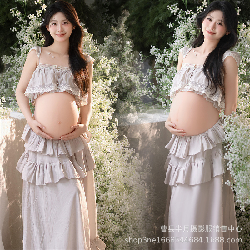 New Maternity Wear for Photo Studios: Ruffled Strap Cake Dress Set for Women, Summer Vacation Style Artistic Photography Outfit New Maternity Wear for Photo Studios: Ruffled Strap Cake Dress Set for Women, Summer Vacation Style Artistic Photography Outfit