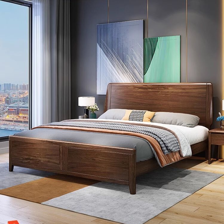 Modern Minimalist Double Bed for Master Bedroom - New Chinese Style Black Walnut Solid Wood Bed with High Box Storage