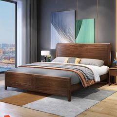 Modern Minimalist Double Bed for Master Bedroom - New Chinese Style Black Walnut Solid Wood Bed with High Box Storage