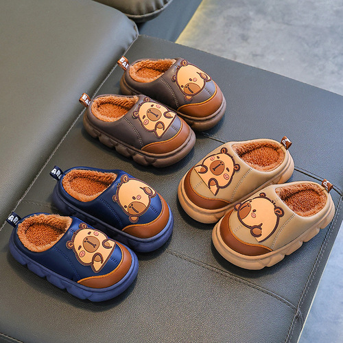 Kapibala winter children's cotton slippers for boys, warm thick sole, PU leather, waterproof, middle-aged children, baby bag and heel cotton shoes