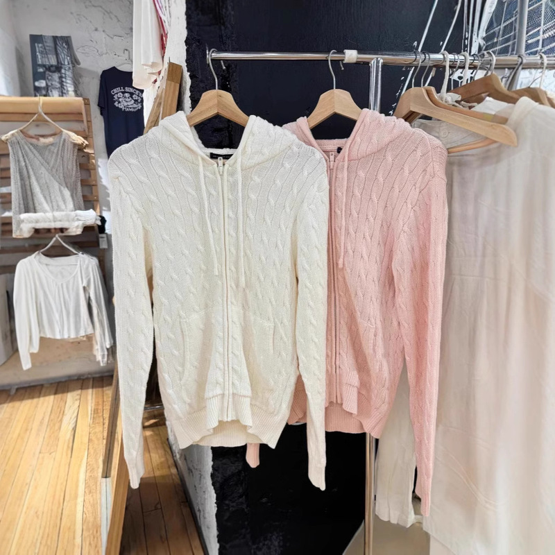 BM Style New Hooded Twist Long Zipper Cardigan Women's Bm Loose Slim Sweater Top Coat