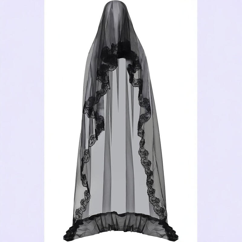 Black lace bridal veil with an extra-long train, multi-layered tulle, perfect as a wedding photo prop or Halloween cape