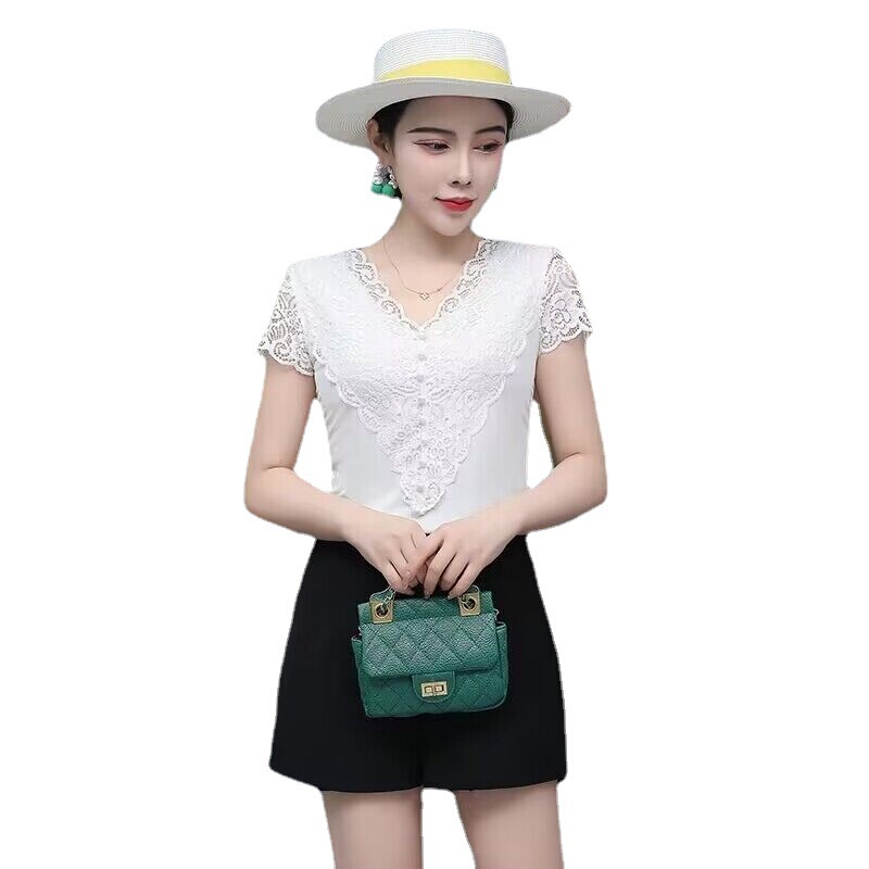 やせて見える半袖のシャツvは上着の夏服の半袖のtシャツを掛けて身を修めて小さい欧レースの襟の女性の気質の新型をつなぎ合わせます。|undefined