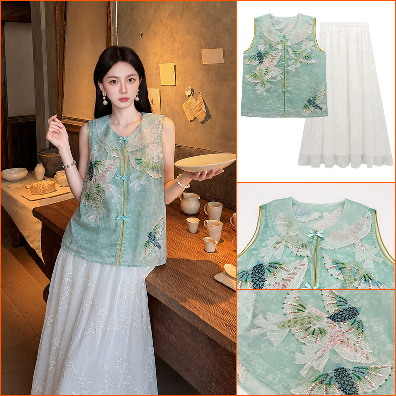 Summer Style New Chinese-Style Heavy Embroidery National Style Sleeveless Design Vest + Skirt Set for Women P0543 Summer Style New Chinese-Style Heavy Embroidery National Style Sleeveless Design Vest + Skirt Set for Women P0543