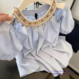 韩系海边度假风蓝色衬衫女25新款感重工钉珠圆领露肩宽松上衣