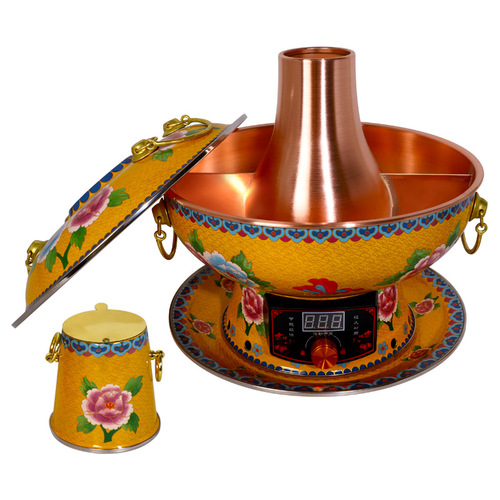 Copper Hot Pot Pure Copper Electric Cloisonné Copper Hot Pot Old Style Pure Copper Pot Household Enamel Charcoal Dual-Color Copper Hot Pot