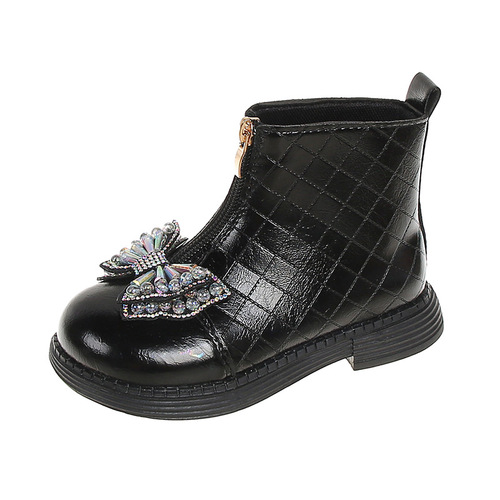 2025 Autumn/Winter New Arrival Fashionable Girls' Small Leather Boots with Chanel Style, Front Zipper, Bowknot Design, Soft Sole Martin Boots