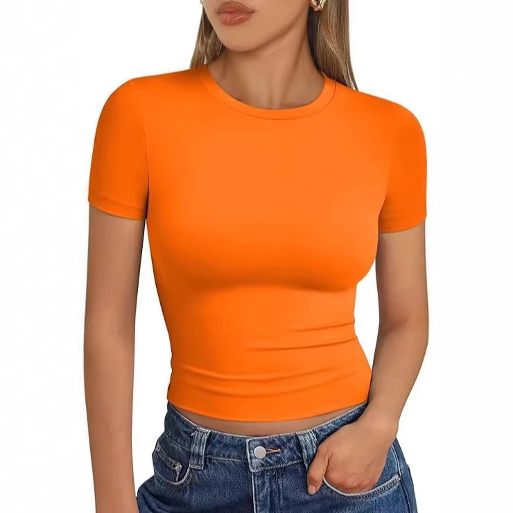 Amazon Summer Slim-Fit Base Shirt for Women, Thin Elastic Solid Color Aliexpress European and American Plus-Size Round Neck Short-Sleeve T-Shirt
