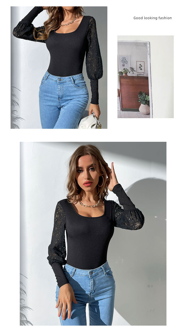 Solid Color Sim Fit Square Collar Lace Hollow Stitching Bodysuit_voghion.com