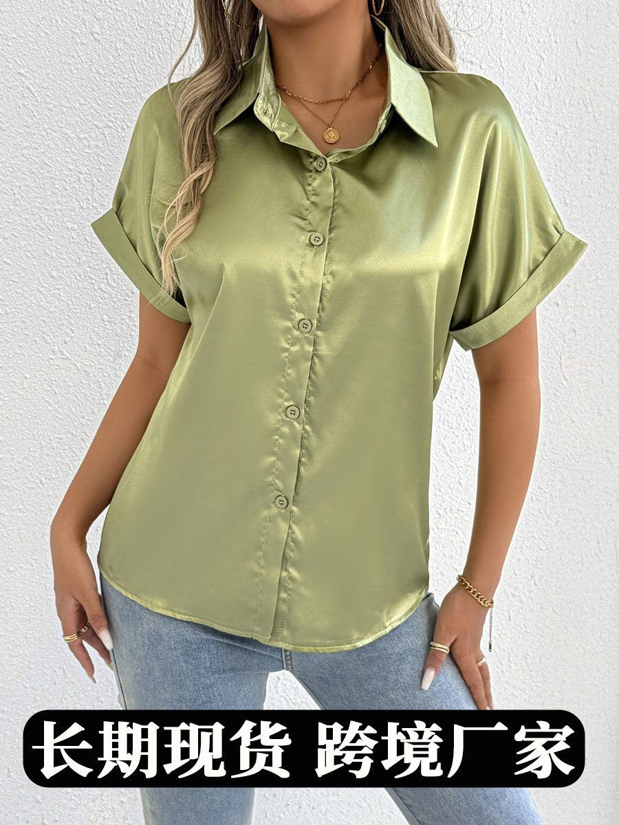 Foto real de ropa popular para mujer para exportación a Amazon, nueva camisa de satén azul de verano para mujer, camisa de satén para mujeres pequeñas.