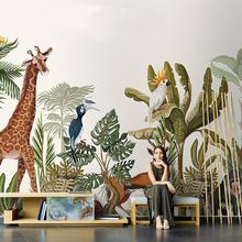 东南亚动物植物墙布餐厅背景墙壁纸壁画3d手绘长颈鹿墙纸