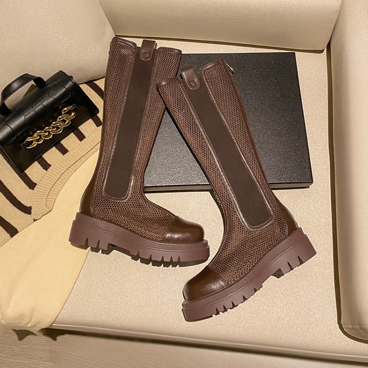Boot lưới nữ da bò cổ cao thoáng khí mùa hè, đế dày, ống rộng cho chân to — Màu nâu ống lớn, Màu đen cổ ống lớn, Ống nhỏ màu đen, Chu vi ống lớn màu trắng be chi tiết 15