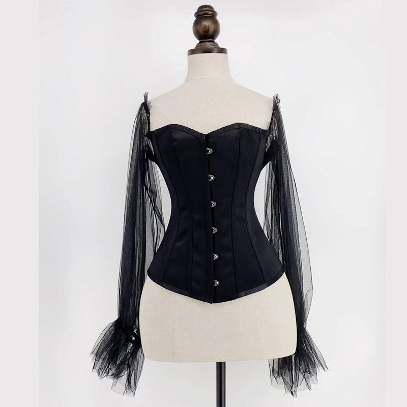 Cross-Border European and American Export Gothic Lolita Mesh Long-Sleeved Fishbone Bra Front Buttoned Back Strap Satin Shapewear