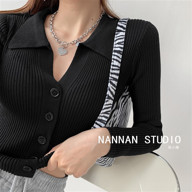 Retro Polo Collar Short Long-Sleeved Knitted Cardigan for Women 2022 Spring & Fall New Versatile Pure Color Bottoming Sweater